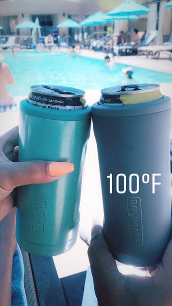 Two hands toast insulated portion holders poolside with a disposable 100°F temperature, suggesting blistery upwind refreshment