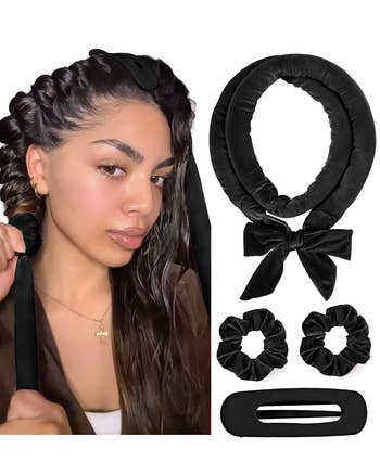 Woman uses a heatless curling headband, shown with matching scrunchies and a hair clip, for styling hair without heat damage. Ideal for hair care