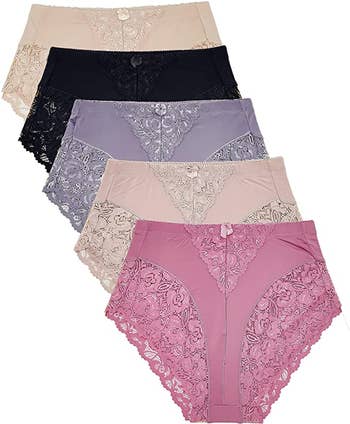 the five pack of assorted panties in nude, black, purple, and two shades of pink