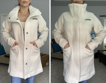 reviewer collage, buttons exposed and folded over, wearing white Columbia shacket