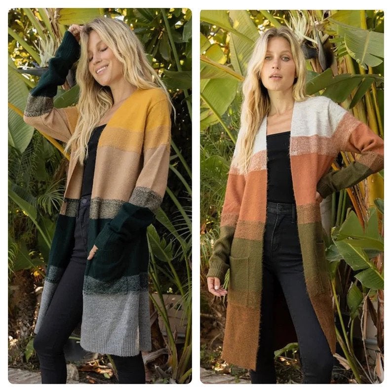 photos of same model wearing two different versions of the sweater in mustard and rust muti-color