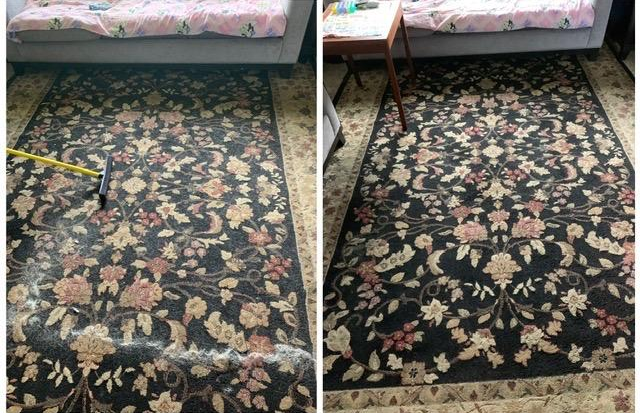 before and after images of a floral rug covered in fur and then completely clean