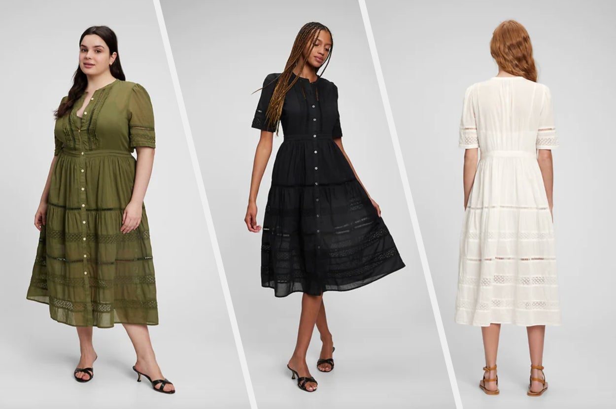 Three images of models wearing green, black, and white dresses