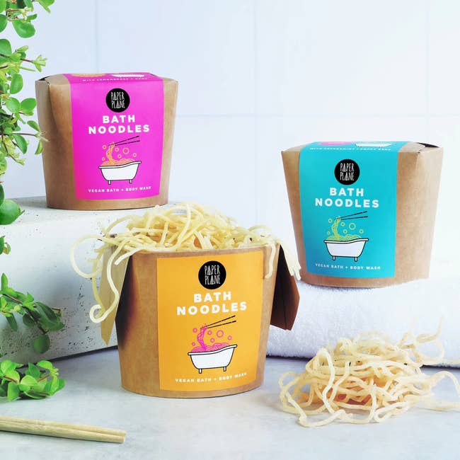 Three boxes of bath soap designed as noodles