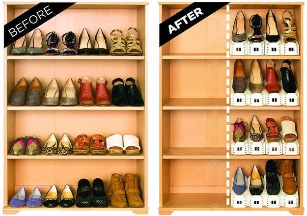 before pic of shoes on open shelves and then the stackers taking up far less room on the shelves