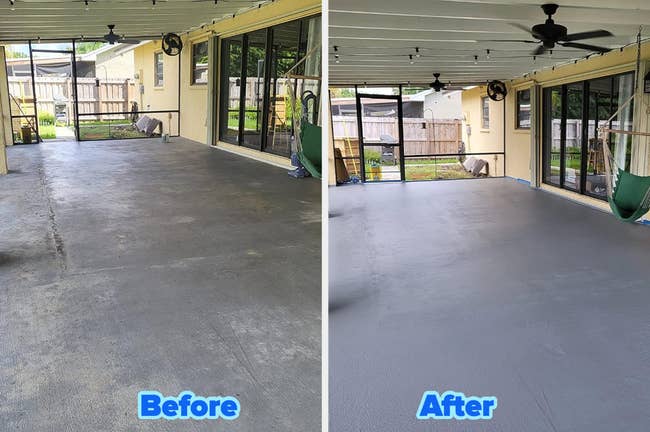 Before and after view of a patio refreshed with the concrete paint