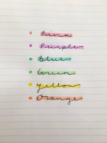  Pink, Purple, Blue, Green, Yellow, Orange, each   with a corresponding colored dot