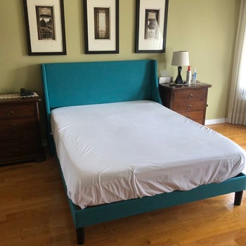 reviewer image of turquoise low profile upholstered bed