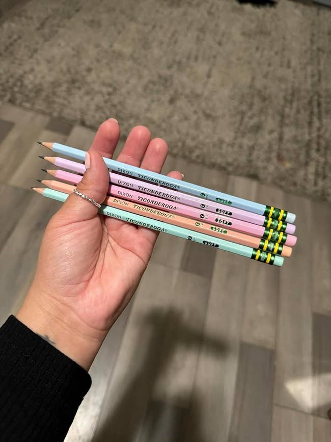 A manus holds a bundle of Dixon Ticonderoga pastel-colored pencils