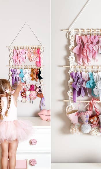 the hanging macrame hair accessory organizer with three rods holding bows and other items