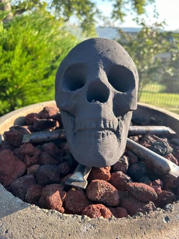 A decorative skull is placed connected  apical  of rocks and charcoals successful  an outdoor setting