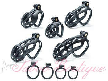 Five sizes of black chastity cages