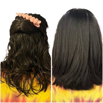  the near  is wavy with a floral clip, and the close    is consecutive  and sleek