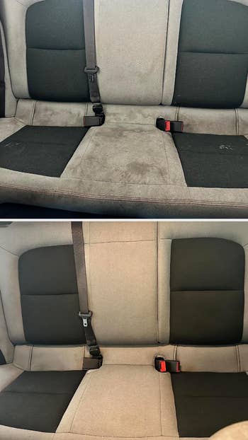 Side-by-side images of a car's backseat showcasing before and after results of a cleaning service. The top image shows a dirty seat, and the bottom image shows a clean seat