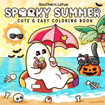 A cute, summer-themed coloring book cover featuring a ghost on a floatie, a cat on a pumpkin, and beach elements like an umbrella and sunshine
