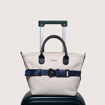 mini navy belt holding bag onto luggage