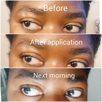 reviewer showing before, after, and the next morning after applying the mascara