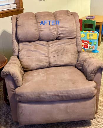 the same recliner with all the stains removed and the fabric looks clean again