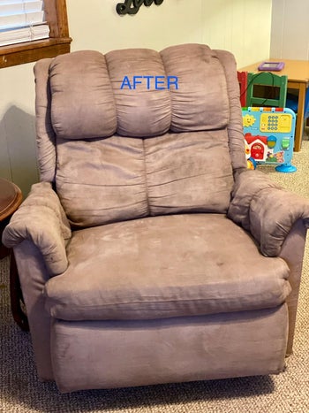 the same recliner with all the stains removed and the fabric looks clean again