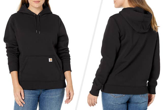 Two images of model wearing black hoodie