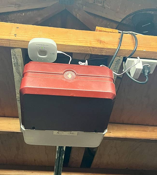 MyQ system on top of a reviewer's garage door opening system