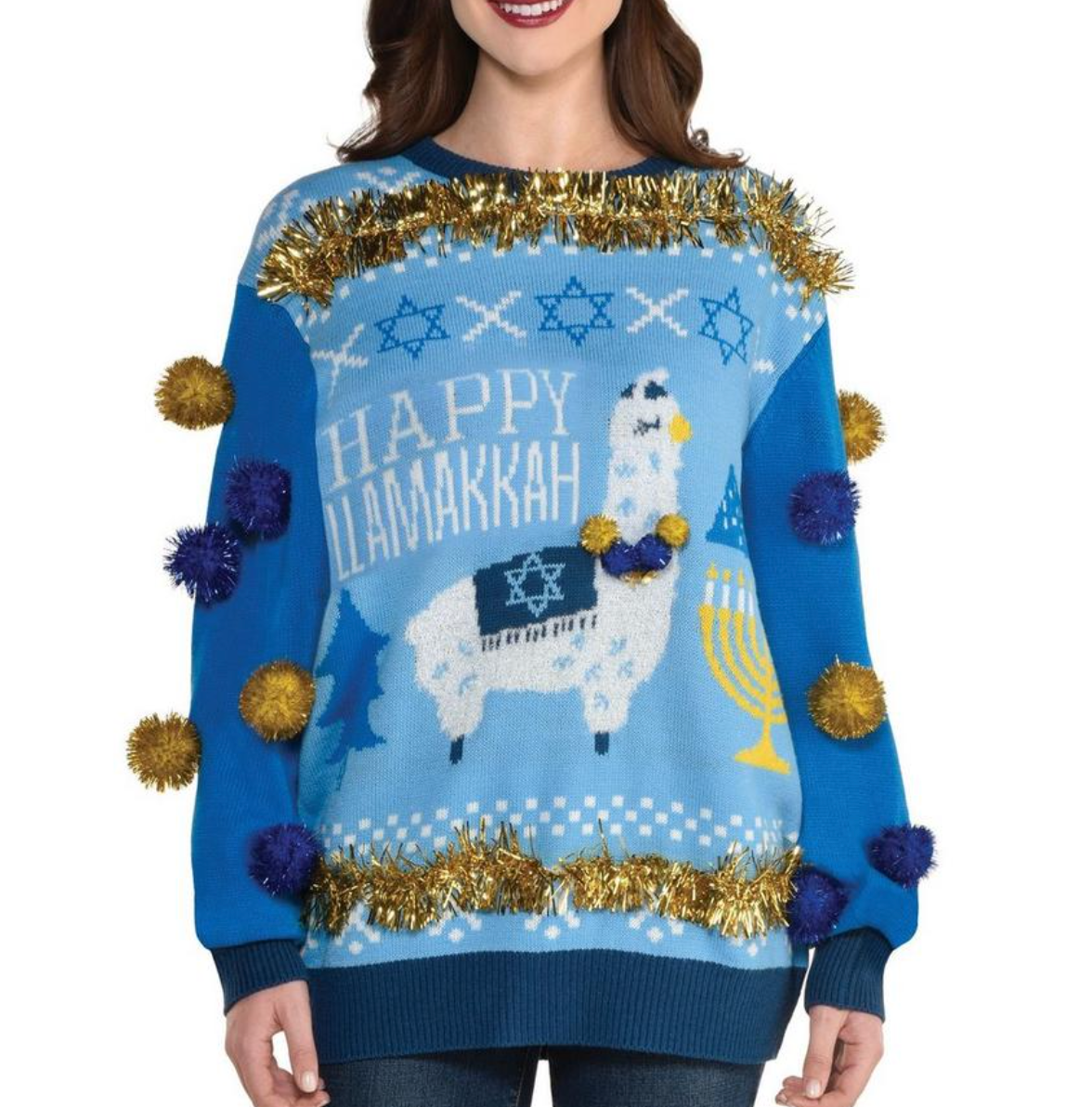 model wearing ugly hannukah sweater