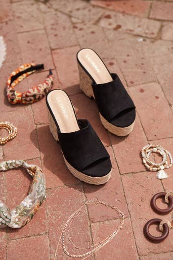 black mules with espadrille bottoms