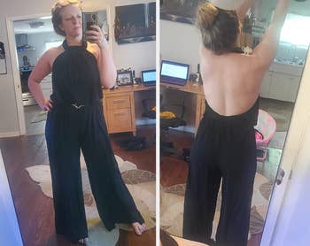 Two images of reviewer wearing black jumpsuit front and back