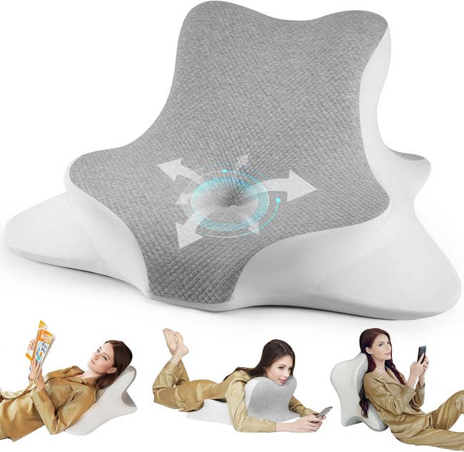 Ergonomic backrest pillow with a unsocial signifier for versatile support; images amusement assorted lounging positions for speechmaking and relaxation