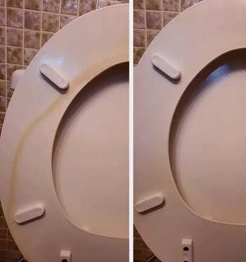 a reviewer's toilet seat before with a brown line on it and after all clean