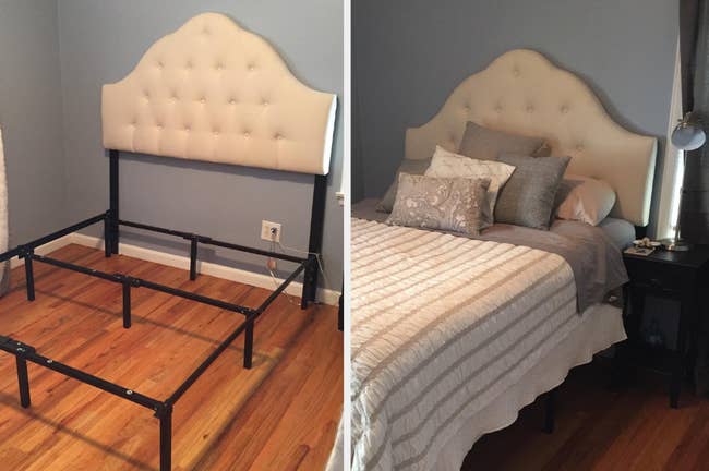 Reviewer image of white button tufted headboard attached to a black metal bed frame, mattress on top of product with pillows and blankets 
