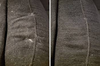 a reviewer's couch before and after using the pet hair roller