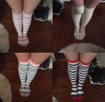 Four images of reviewer wearing striped socks