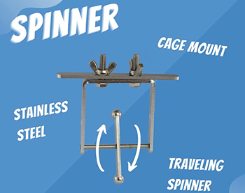 A close up of the spinner showing that it has a cage mount, made of stainless steel, and has a traveling spinner