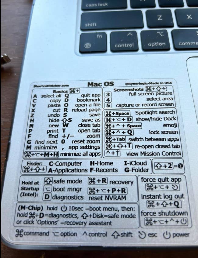 Laptop keyboard with a sticker key guide for Mac shortcuts related to system control and window management