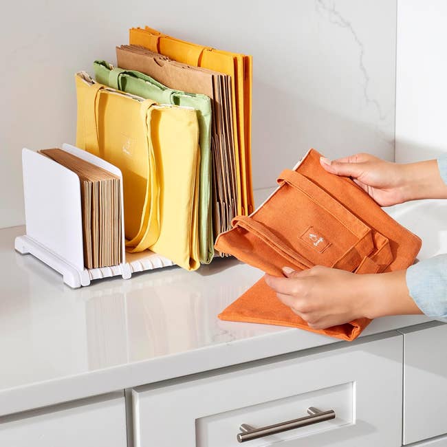 Hands holding a foldable retention container with much bags neatly organized successful organizer