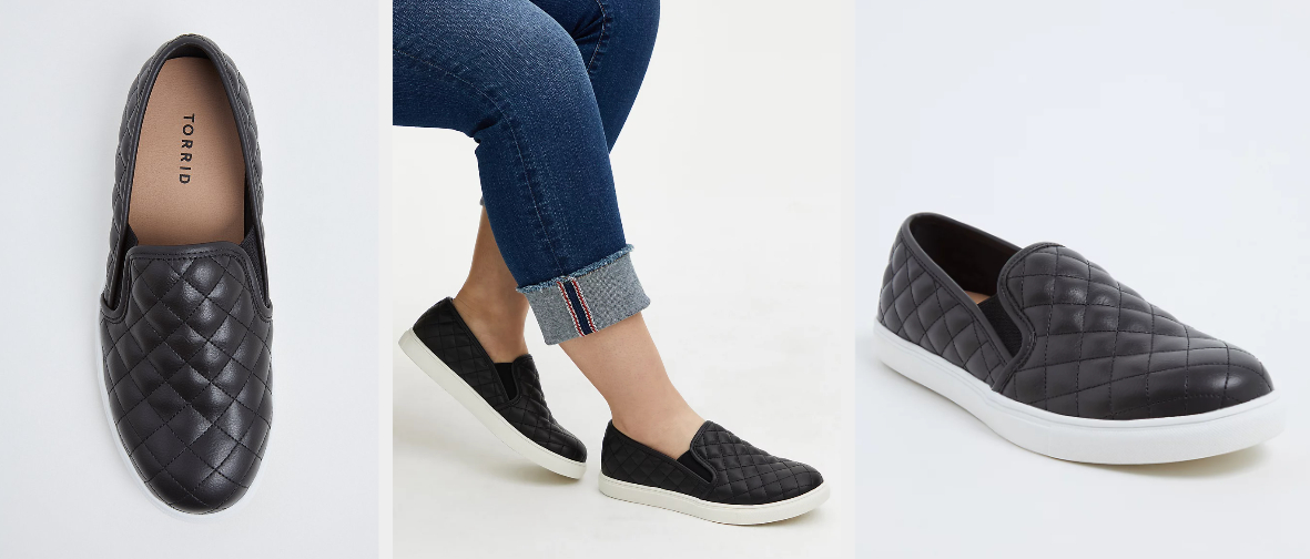 Three images of black slip-on sneakers