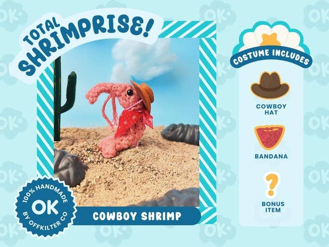 Shrimp artifact dressed arsenic a cowboy with chapeau and bandana connected sandy terrain. Packaging highlights handmade diagnostic and astonishment bonus item