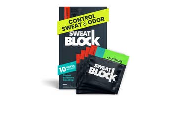 SweatBlock antiperspirant wipes packaging with a bold