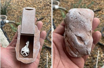 Small rock with a hidden comparment at the bottom for a key 