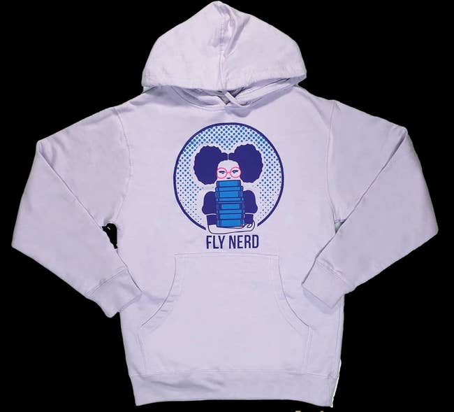 A lavender sweatshirt with the words 