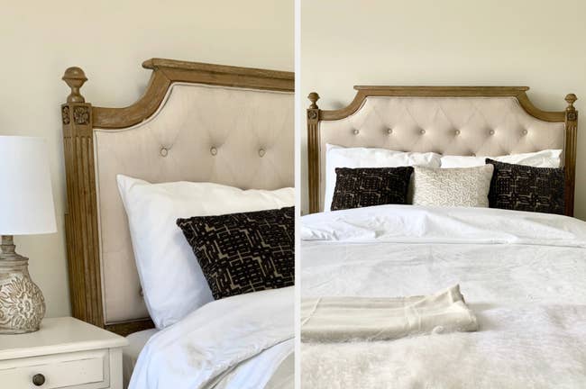 Brown wood paneled headboard with tan tufted cushioning with white bedding and pillows