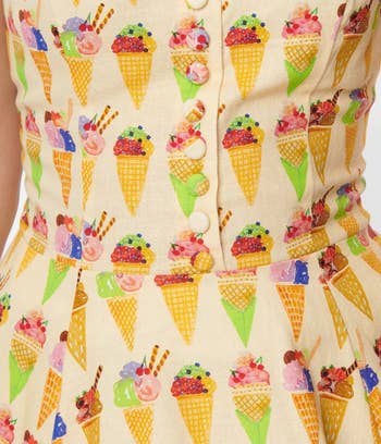 close up on print and buttons on bodice