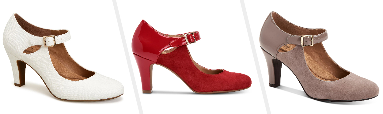 Three images of white, red, and taupe heels