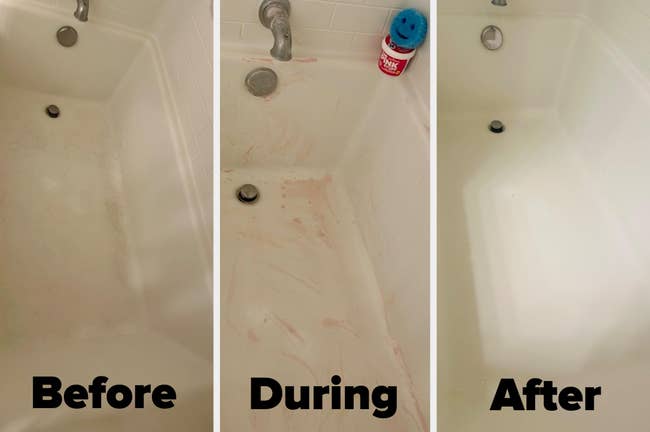 Three progressive images showing a bathtub cleaning process, labeled 