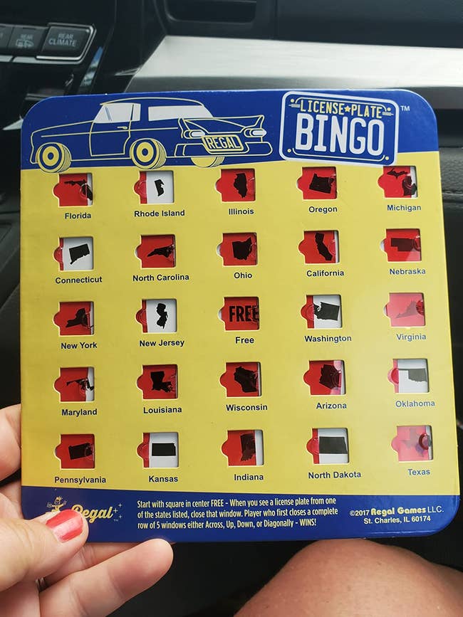 reviewer holding reusable bingo card for different state license plates