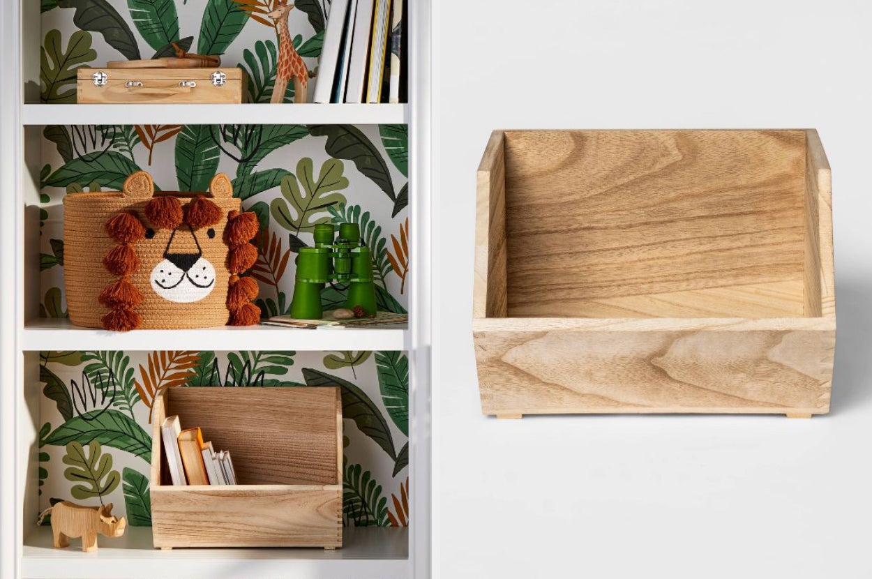 collage showing stackable wooden storage bin on a shelf, product image