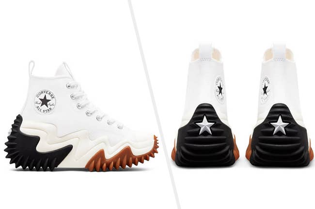 side-by-side of a side view of a white canvas converse high-top sneaker with a brown, white, and black platform, then the back view of the sneakers