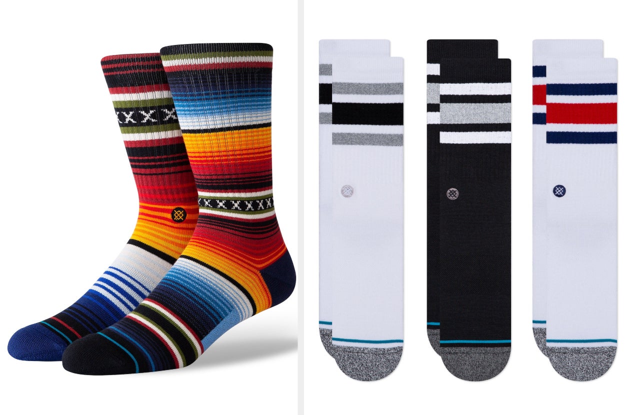 Split image of brightly colored pair of socks and three pack of striped tube socks