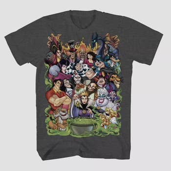 a gray tshirt with disney villains all over it